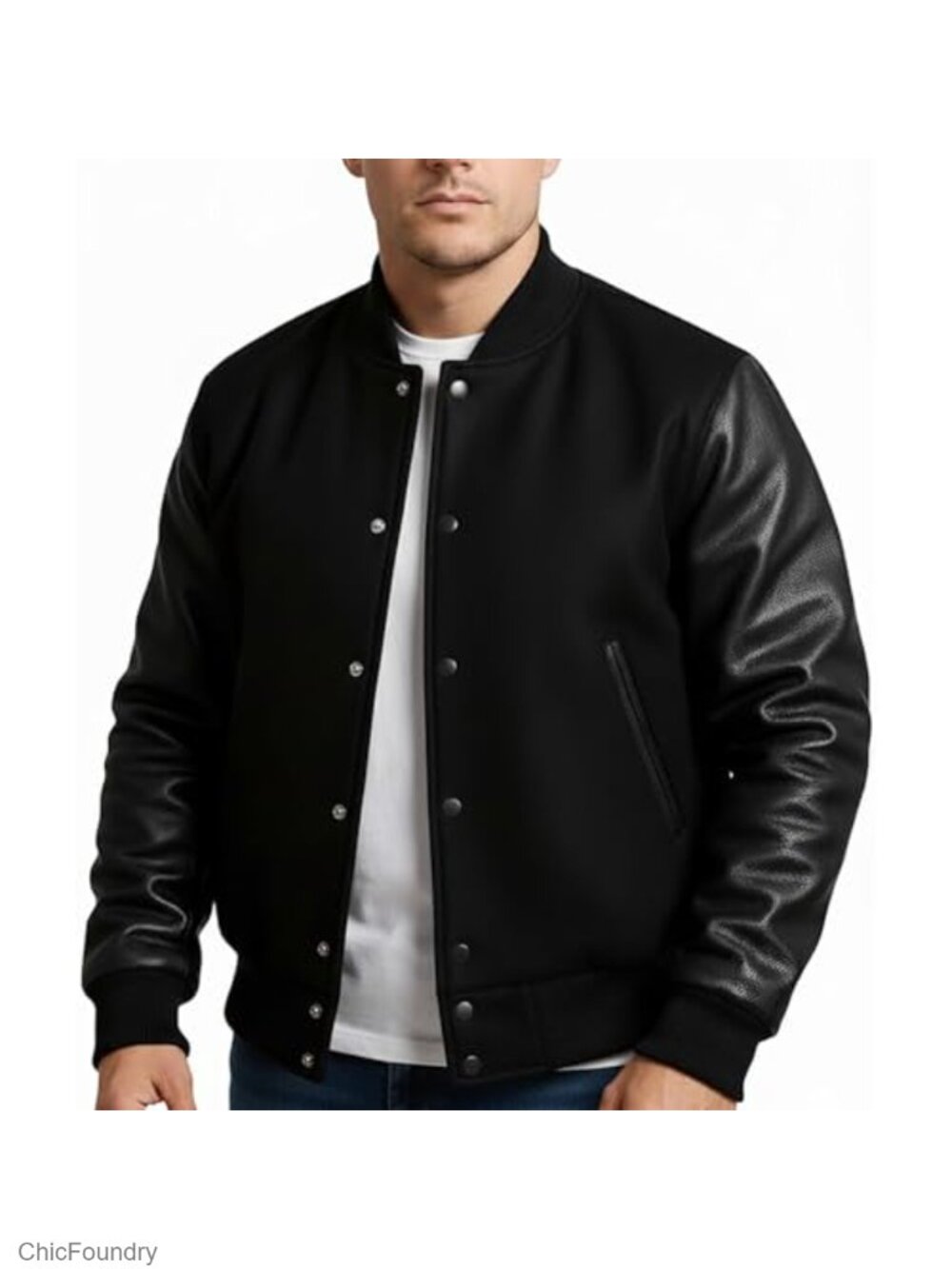 Men's Wool Varsity Jacket with Faux Leather Sleeves, Letterman Bomber, Button